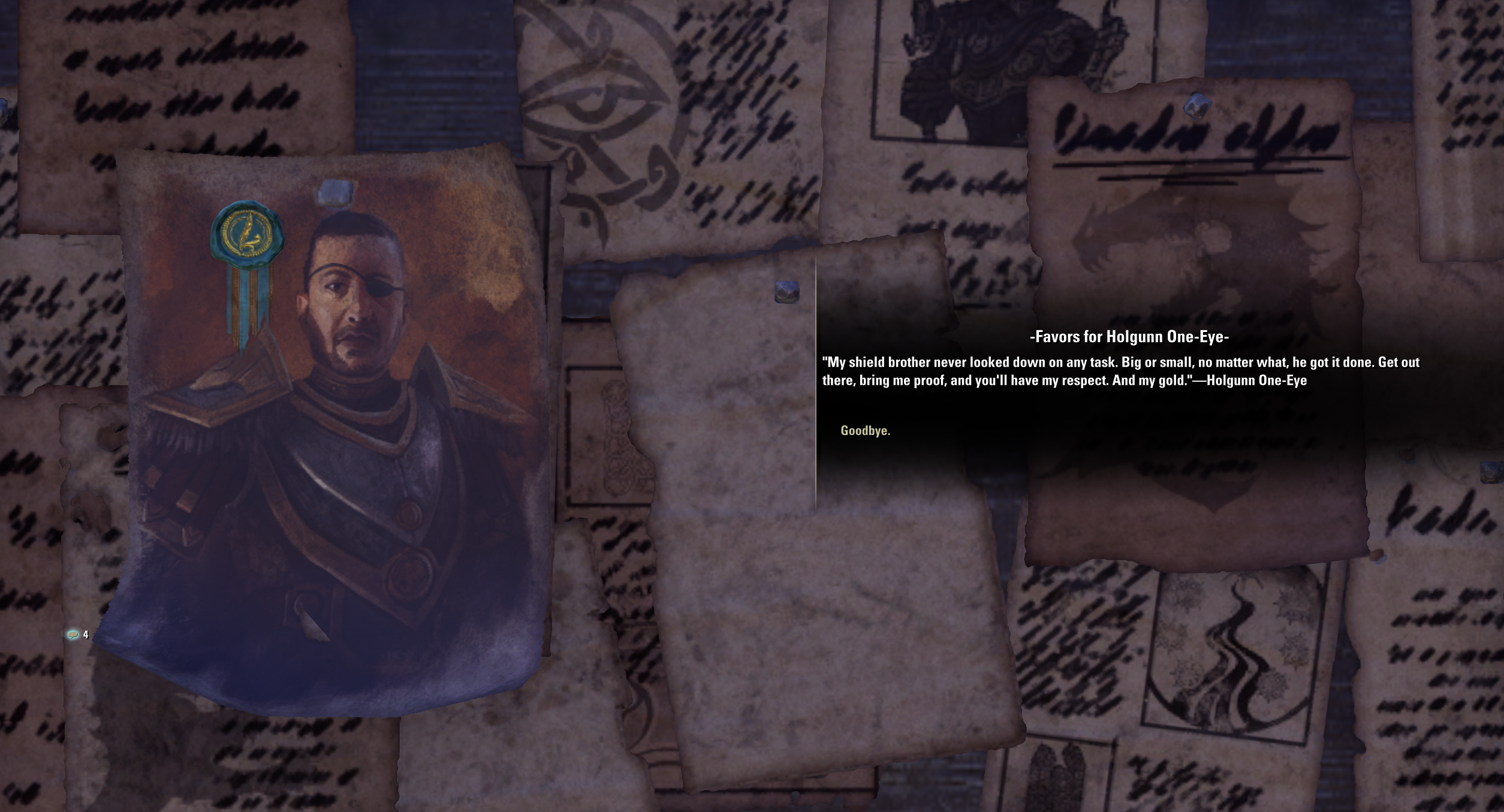 Holgunn One-Eye letter at the Stonefalls Favor board