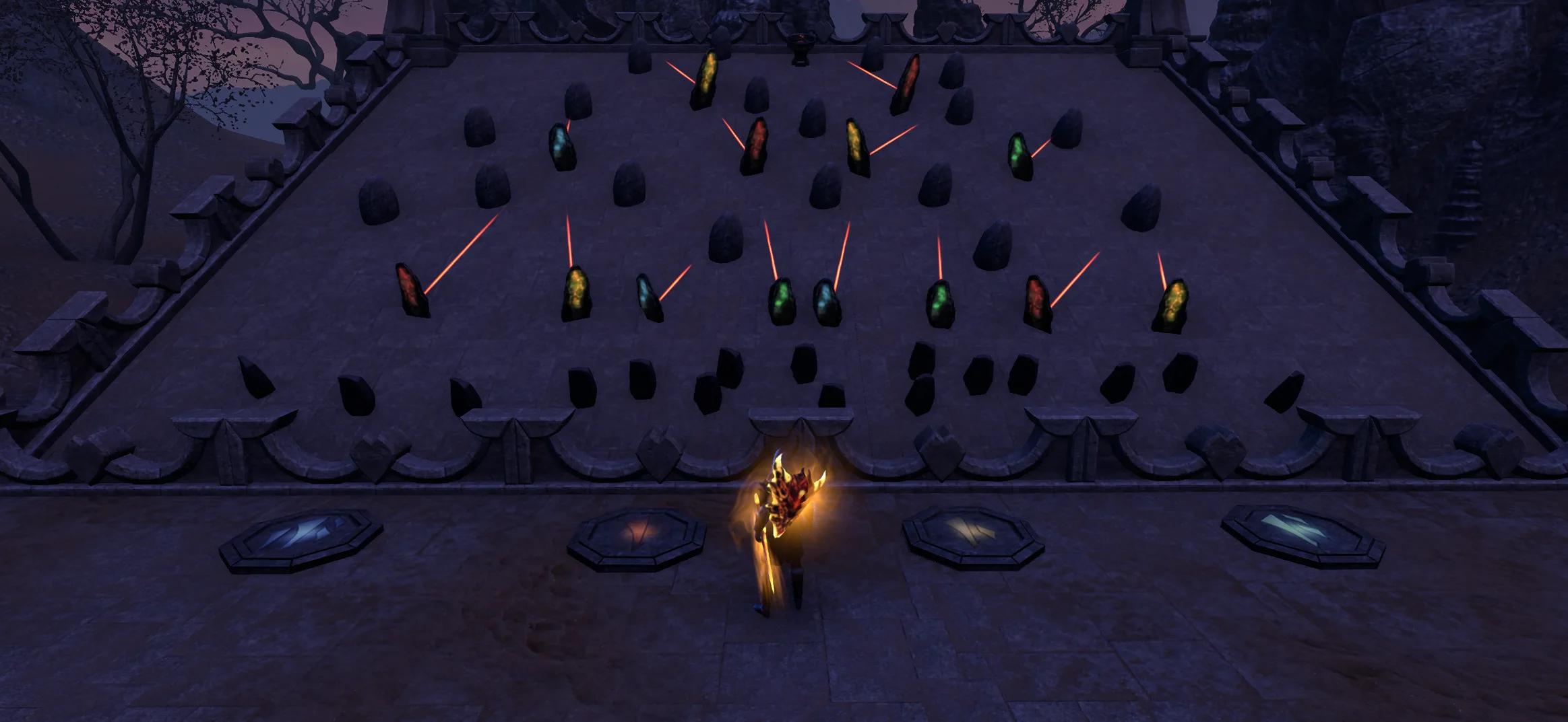Guiding Light puzzle platform with colored stone tablets and floor buttons