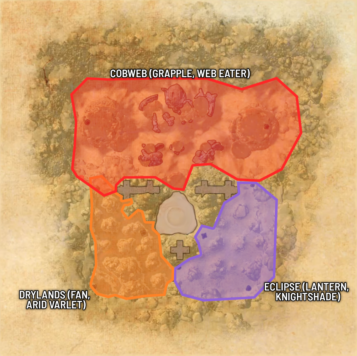 Opulent Ordeal overview map showing Drylands, Eclipse, Cobwebs, and the spawn, handoff, and delivery points for the running phase.