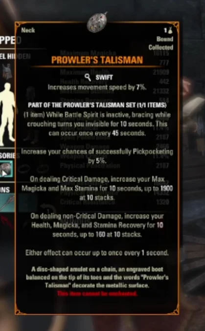 Prowler's Talisman mythic item tooltip